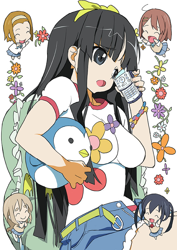 kawasaki kazuhiko, akiyama mio, hirasawa yui, kotobuki tsumugi, nakano azusa, tainaka ritsu, k-on!, 00s, 5girls, bird, black eyes, black hair, breasts, casual, cellphone, chibi, ho-kago tea time, impossible clothes, impossible shirt, large breasts, long hair, multiple girls, penguin, phone, shirt, stuffed animal, stuffed penguin, stuffed toy