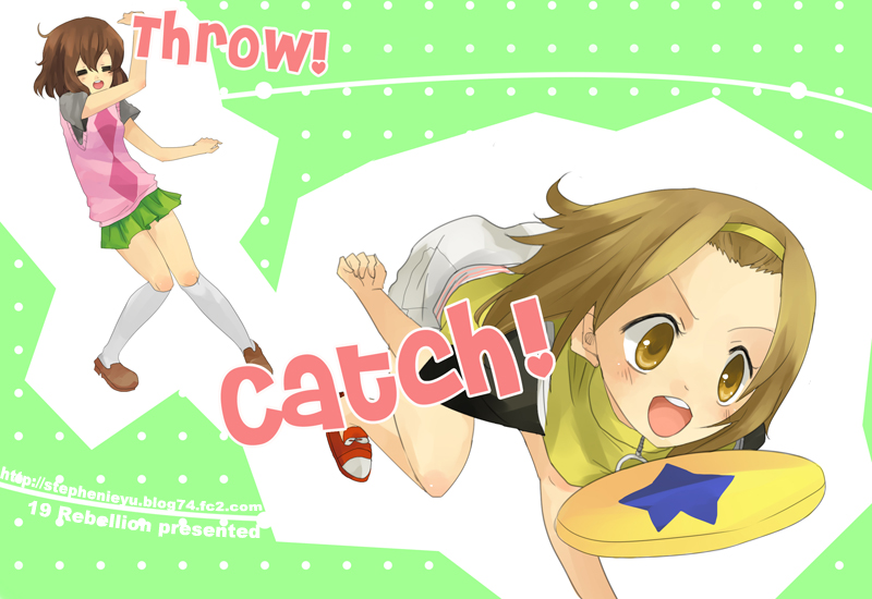 stephenie yu, hirasawa yui, tainaka ritsu, k-on!, 00s, 2girls, brown eyes, brown hair, casual, frisbee, hairband, multiple girls, tomboy