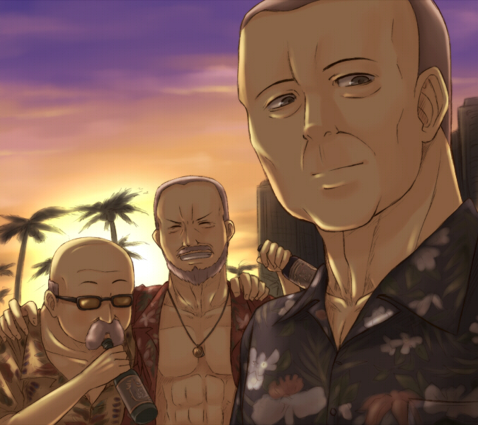 jailbird, nanjou terumasa, ronoue genji, ushiromiya kinzou, 07th expansion, no naku koro ni (series), umineko no naku koro ni, 00s, 3boys, abs, alcohol, beard, drink, facial hair, grey hair, hawaiian shirt, male focus, multiple boys, shirt
