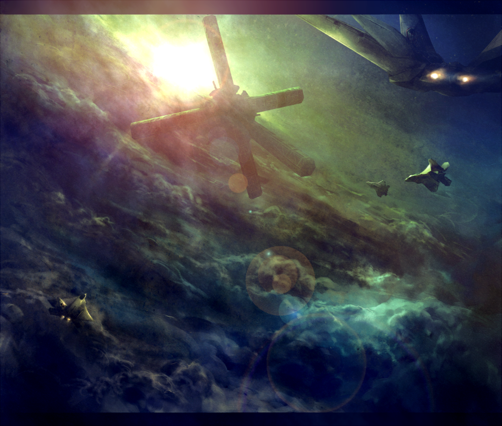 yatsude, f-22, ace combat, ace combat 5, aircraft, airplane, cloud, fighter jet, lens flare, military, military vehicle, no humans, realistic, satellite, scenery, sky, solg, sun, sunrise