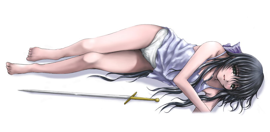 koucha (silver spoon), kawasumi mai, kanon, 1girl, bad anatomy, bad feet, barefoot, black eyes, black hair, camisole, feet, female focus, long hair, lying, on side, panties, poorly drawn, solo, sword, underwear, weapon