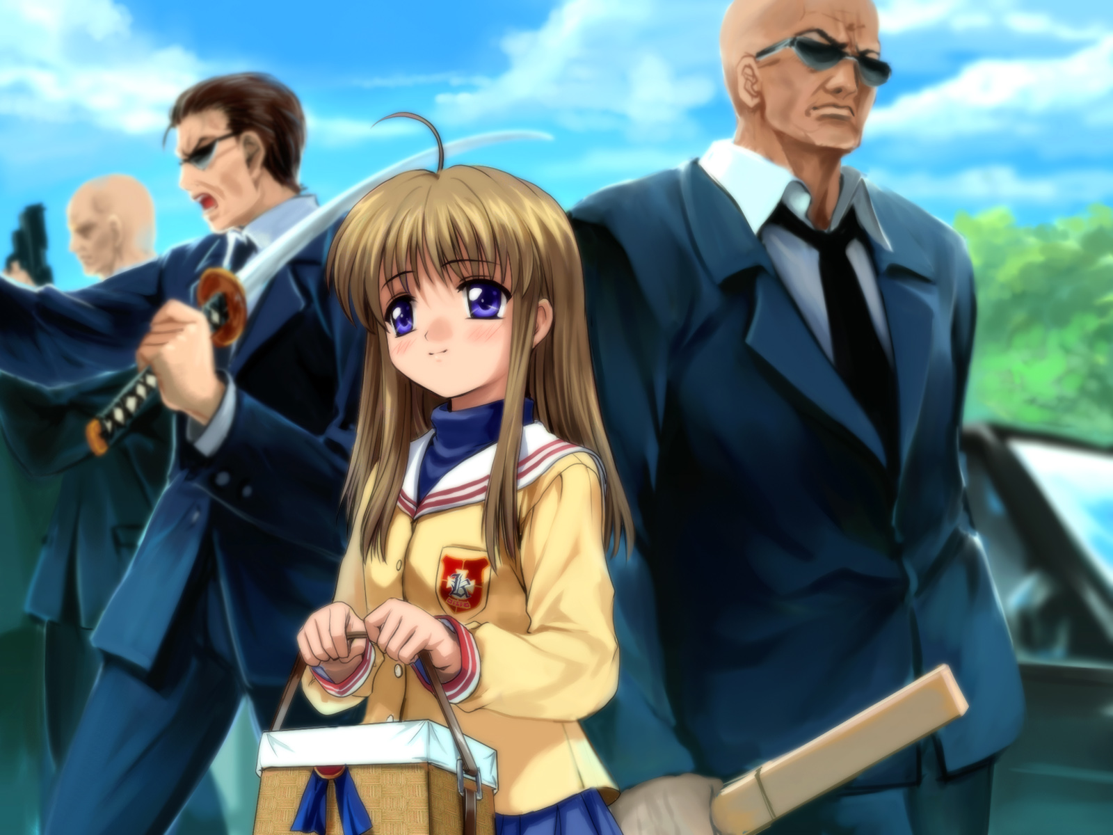 mutsuki (moonknives), miyazawa yukine, clannad, key (company), highres, 00s, 1girl, blue eyes, brown hair, business suit, formal clothes, gun, katana, long hair, picnic basket, school uniform, solo focus, suit, sunglasses, sword, weapon, yakuza