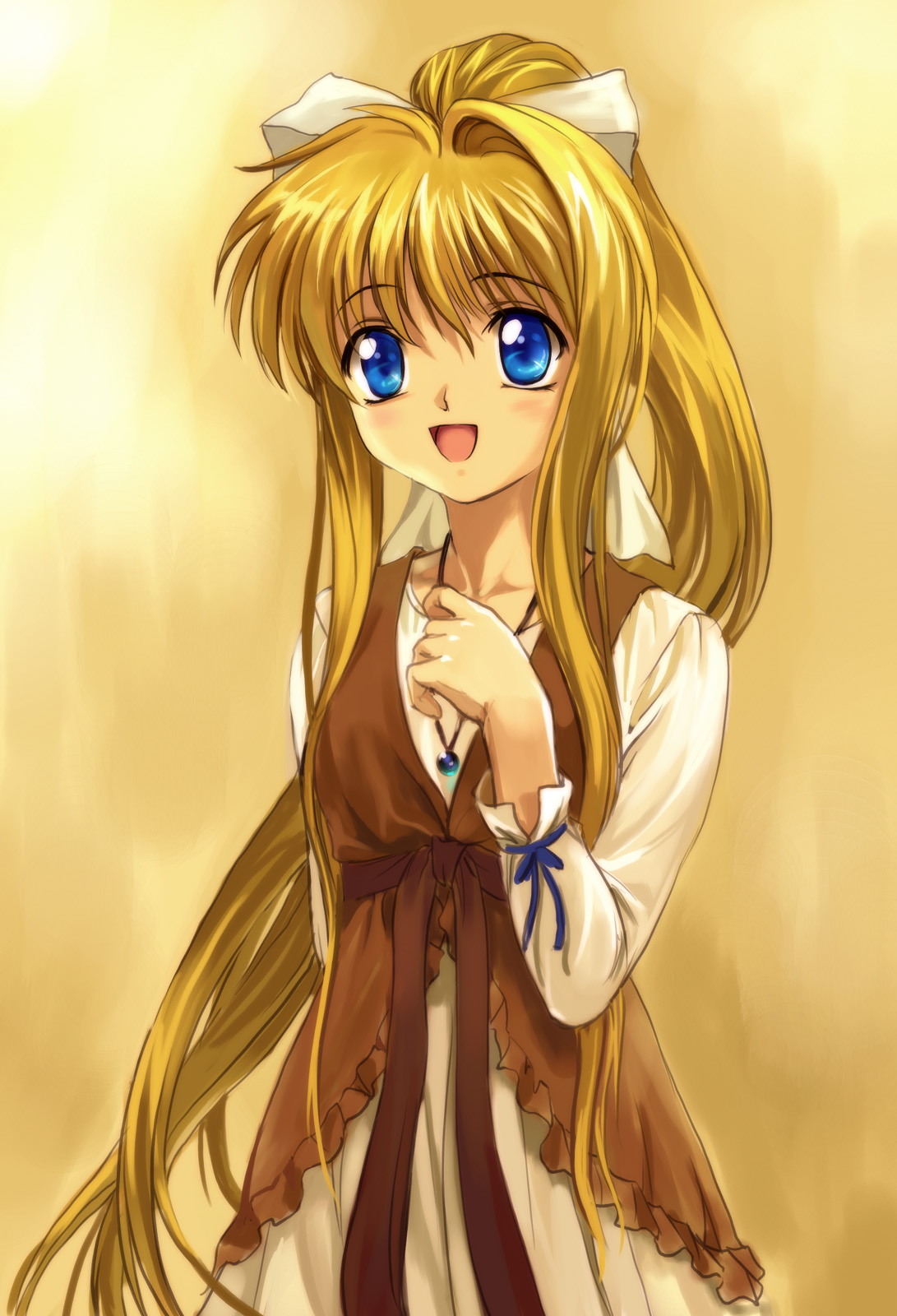 mutsuki (moonknives), kamio misuzu, air (visual novel), key (company), highres, 00s, 1girl, blonde hair, blue eyes, female focus, jewelry, long hair, necklace, open mouth, ponytail, solo, standing, very long hair