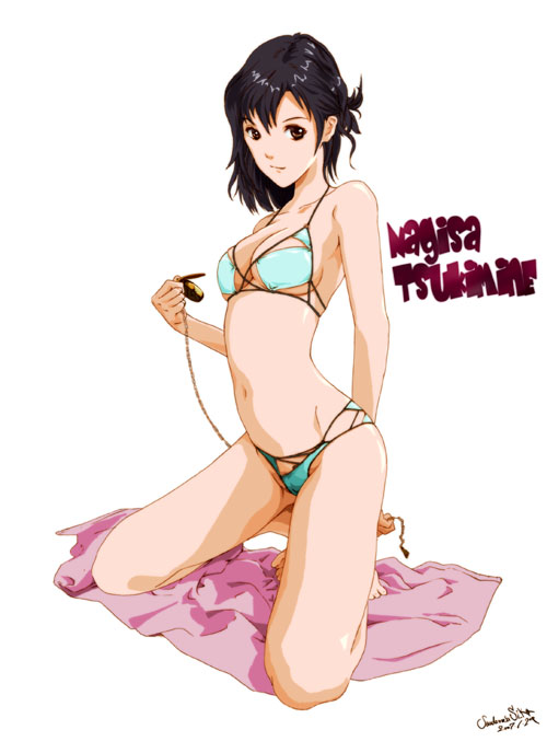 shiika sadamasa, original, 1girl, bikini, black hair, breasts, brown eyes, cleavage, female focus, kneeling, medium breasts, pocket watch, solo, swimsuit, watch