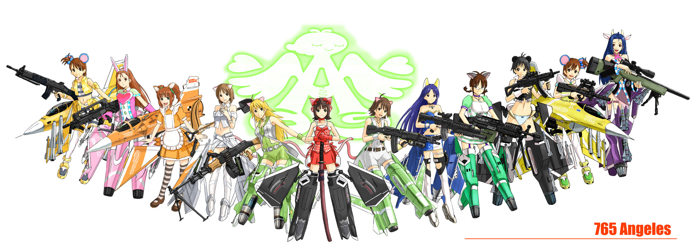 ganzyu i, akizuki ritsuko, amami haruka, f-117, f-14, f-15, f-16, f-18, f-22, futami ami, futami mami, hagiwara yukiho, hoshii miki, kikuchi makoto, kisaragi chihaya, minase iori, miura azusa, su-33, su-47 berkut, takatsuki yayoi, ace combat, heckler & koch, idolmaster, idolmaster (classic), maid fairy tale, strike witches, world witches series, striped legwear, bad id, bad pixiv id, highres, long image, wide image, 6+girls, aircraft, airplane, ak-107, ak-47, animal ears, assault rifle, attack aircraft, bipod, bullpup, cool & sexy (idolmaster), cosmic & funny (idolmaster), cute & girly (idolmaster), dassault rafale, drum magazine, eurofighter typhoon, everyone, f-117 nighthawk, f-15 eagle, famas, grenade launcher, gun, h&k mp5, horizontal magazine, kalashnikov rifle, katana, light machine gun, m16, m203, m249 saw, m4 carbine, machine gun, magazine (weapon), mecha musume, midriff, military, military vehicle, mirage 2000, missile, mitsubishi f-2, multiple girls, p90, panties, pantyhose, parody, personal defense weapon, rabbit girl, rifle, rpd, scope, see-through clothes, siblings, sisters, sniper rifle, stealth, stealth aircraft, stealth attack aircraft, striker unit, striped clothes, striped panties, striped pantyhose, submachine gun, suppressor, sword, tail, thighhighs, translucent, trigger discipline, twins, typo, underbarrel grenade launcher, underwear, vertical forward grip, weapon