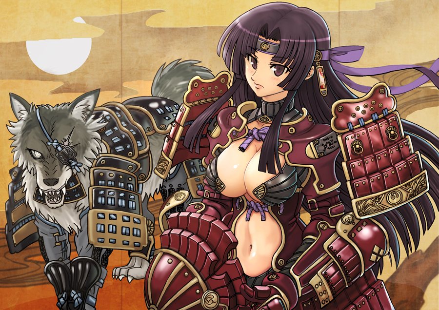 hamoto, original, bad id, bad pixiv id, 1girl, armor, breastplate, breasts, center opening, cleavage, cleavage cutout, clothing cutout, eyepatch, female focus, headband, helmet, hime cut, japanese armor, kabuto (helmet), kusazuri, large breasts, long hair, midriff, navel, purple eyes, purple hair, samurai, scar, shoulder armor, sode, solo, wolf