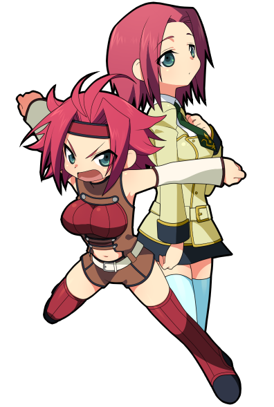 kiri futoshi, kouzuki kallen, code geass, bad id, bad pixiv id, 00s, 2girls, blue eyes, breasts, chibi, dual persona, headband, large breasts, multiple girls, navel, red hair, school uniform, short hair, sleeveless, sleeveless turtleneck, thighhighs, turtleneck
