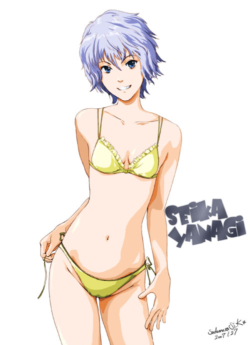 shiika sadamasa, original, bikini, blue eyes, blue hair, seika yanagi, side-tie bikini bottom, smile, solo, swimsuit, teeth, yellow bikini