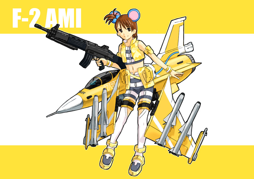 ganzyu i, futami ami, ace combat, idolmaster, idolmaster (classic), striped, bad id, bad pixiv id, 00s, 1girl, aircraft, airplane, animal ears, brown hair, cool & sexy (idolmaster), female focus, mecha musume, midriff, missile, mitsubishi f-2, mouse ears, mouse tail, navel, smile, solo, tail, thighhighs