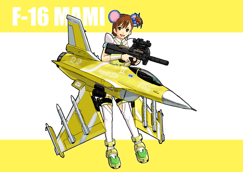ganzyu i, f-16, futami mami, ace combat, idolmaster, idolmaster (classic), bad id, bad pixiv id, 00s, 1girl, aircraft, airplane, animal ears, bullpup, cosmic & funny (idolmaster), female focus, gun, horizontal magazine, mecha musume, missile, mouse ears, p90, personal defense weapon, scope, see-through clothes, smile, solo, submachine gun, suppressor, thighhighs, translucent, weapon