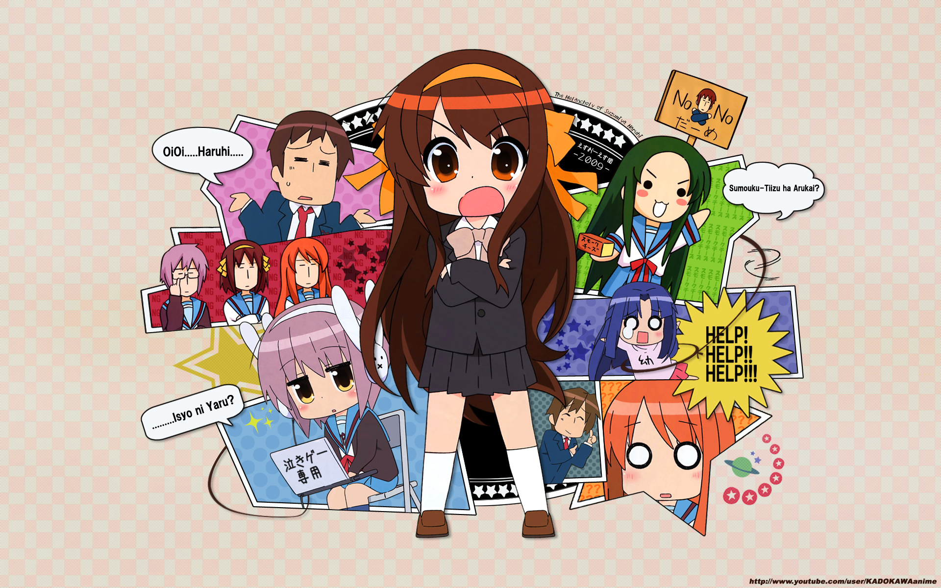 achakura, asahina mikuru, asakura ryoko, churuya, koizumi itsuki, kyon, nagato yuki, suzumiya haruhi, tsuruya, suzumiya haruhi-chan no yuuutsu, suzumiya haruhi no shoushitsu, suzumiya haruhi no yuuutsu, highres, translated, 00s, 10s, 2boys, 6+girls, = =, bunny headphones, cheese, computer, food, headphones, kouyouen academy school uniform, laptop, multiple boys, multiple girls, o o, official alternate hair length, official alternate hairstyle, romaji text, school uniform, serafuku, smoked cheese