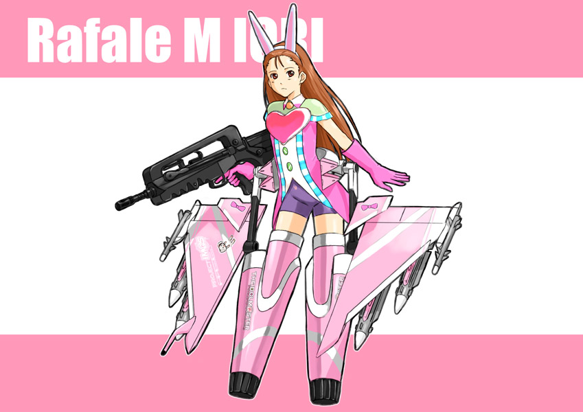 ganzyu i, minase iori, ace combat, idolmaster, idolmaster (classic), bad id, bad pixiv id, 00s, 1girl, air-to-air missile, aircraft, airplane, animal ears, assault rifle, brown hair, bullpup, cosmic & funny (idolmaster), dassault rafale, famas, female focus, fragmentation warhead, gloves, gun, mecha musume, mica (missile), missile, r.550 magic, rabbit ears, rifle, solo, trigger discipline, warhead, weapon