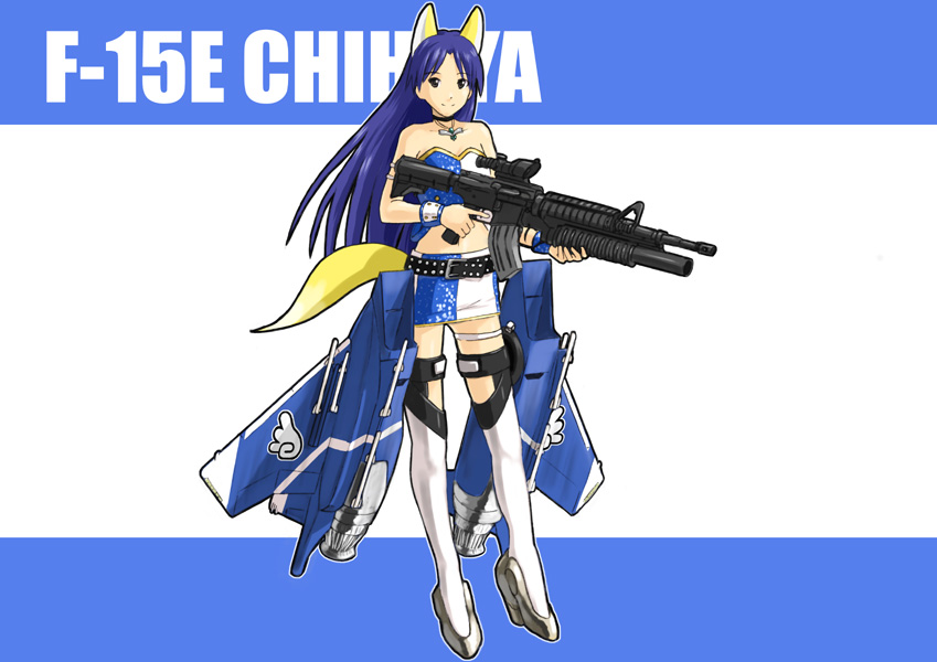 ganzyu i, f-15, kisaragi chihaya, ace combat, idolmaster, idolmaster (classic), bad id, bad pixiv id, 00s, 1girl, aircraft, airplane, animal ears, assault rifle, blue theme, cool & sexy (idolmaster), f-15 eagle, female focus, full body, grenade launcher, gun, m4 carbine, mecha musume, miniskirt, rifle, scope, skirt, solo, tail, thighhighs, underbarrel grenade launcher, weapon