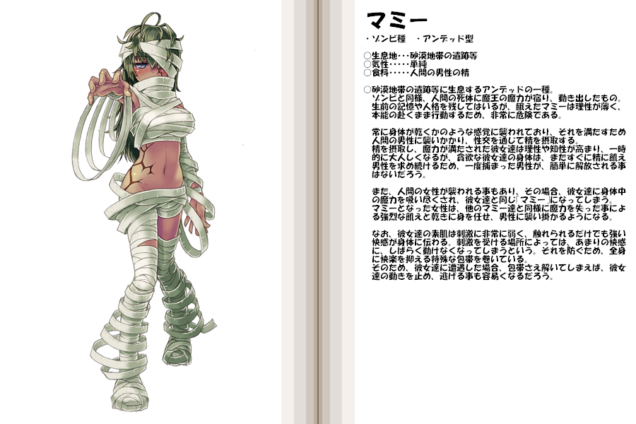 kenkou cross, mummy (monster girl encyclopedia), monster girl encyclopedia, official art, translated, 1girl, bandage over one eye, bandages, character profile, monster girl, mummy, undead