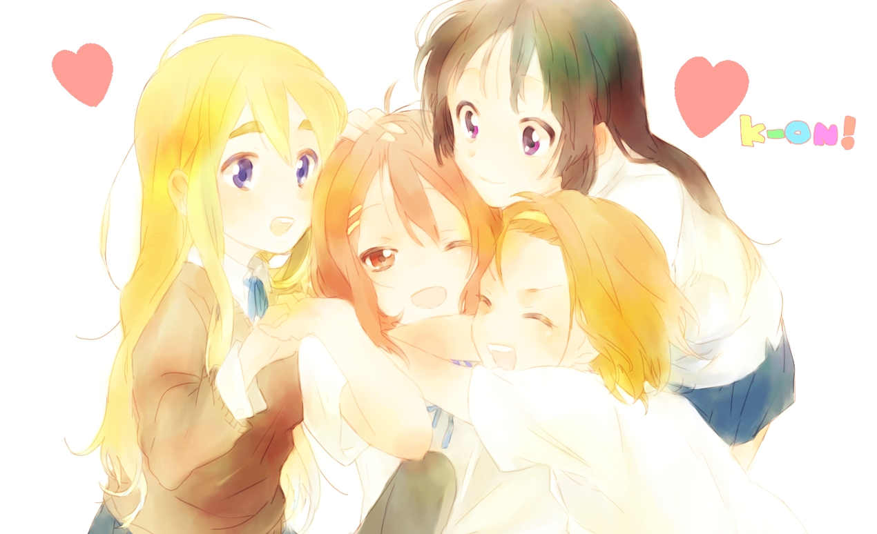 nicolat, akiyama mio, hirasawa yui, kotobuki tsumugi, tainaka ritsu, k-on!, bad id, bad pixiv id, 00s, 4girls, closed eyes, group hug, ho-kago tea time, hug, multiple girls, one eye closed, open mouth, school uniform, simple background, smile, white background, wink