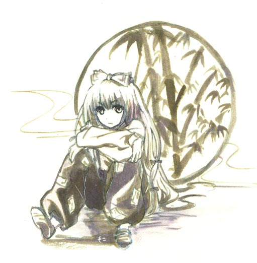 hibi, fujiwara no mokou, touhou, bad id, bad pixiv id, 1girl, female focus, monochrome, solo, yellow theme