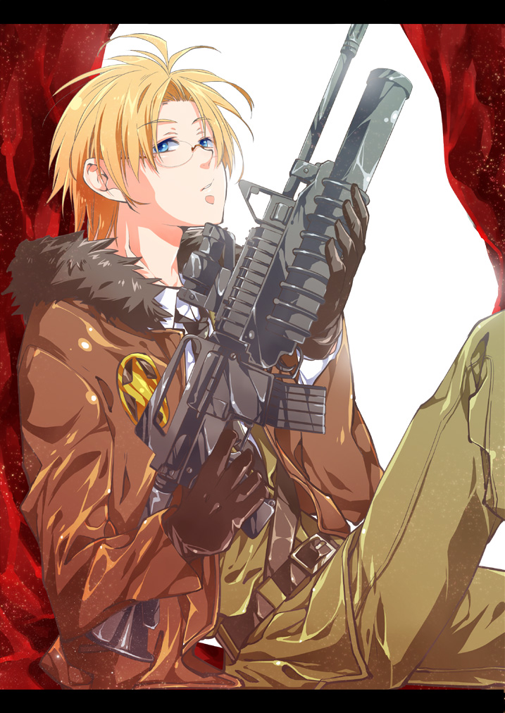 fujiwara rika, hagoromo rika, hanei, america (hetalia), aai corporation, airtronic usa, axis powers hetalia, colt's manufacturing company, colt defense, diemaco, knight's armament company, lewis machine and tool company, rm equipment, u.s. ordnance, bad id, bad pixiv id, 00s, 1boy, assault rifle, belt, blonde hair, blue eyes, bomber jacket, glasses, gloves, grenade launcher, gun, jacket, m16, m203, m4 carbine, male focus, military, military uniform, necktie, rifle, short hair, solo, star (symbol), underbarrel grenade launcher, weapon