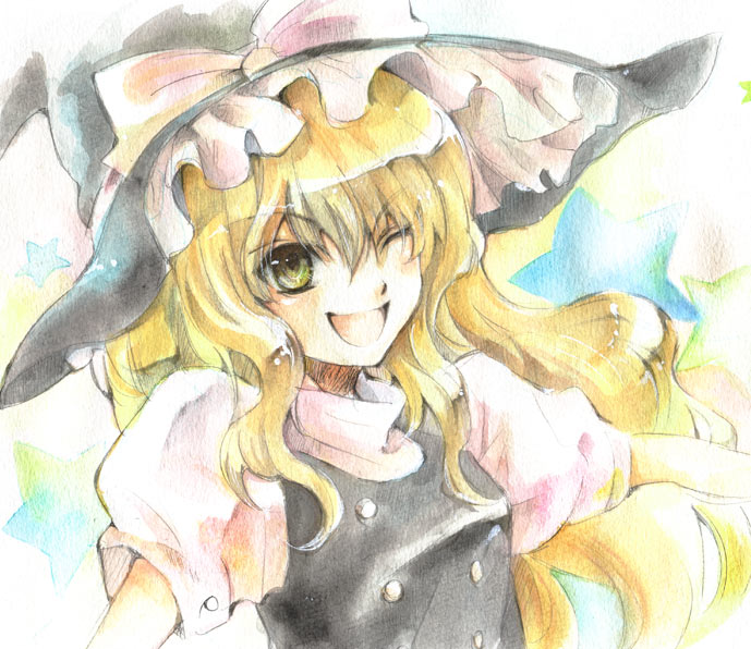 hibi, kirisame marisa, touhou, bad id, bad pixiv id, 1girl, blonde hair, female focus, hat, long hair, solo, upper body, white background, wink, witch, witch hat