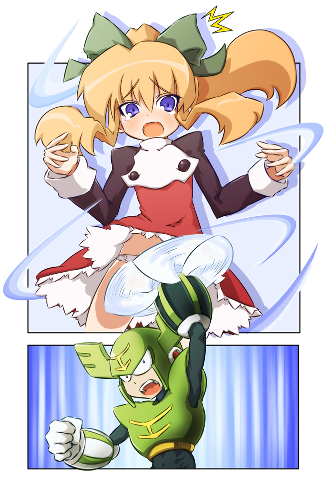 sasamashin, roll (mega man), tornado man, capcom, mega man (classic), mega man (series), mega man 9, 1boy, 1girl, blonde hair, blue eyes, blush, clothes lift, hair between eyes, long hair, panties, pantyshot, ponytail, red skirt, ribbon, skirt, skirt lift, tears, underwear