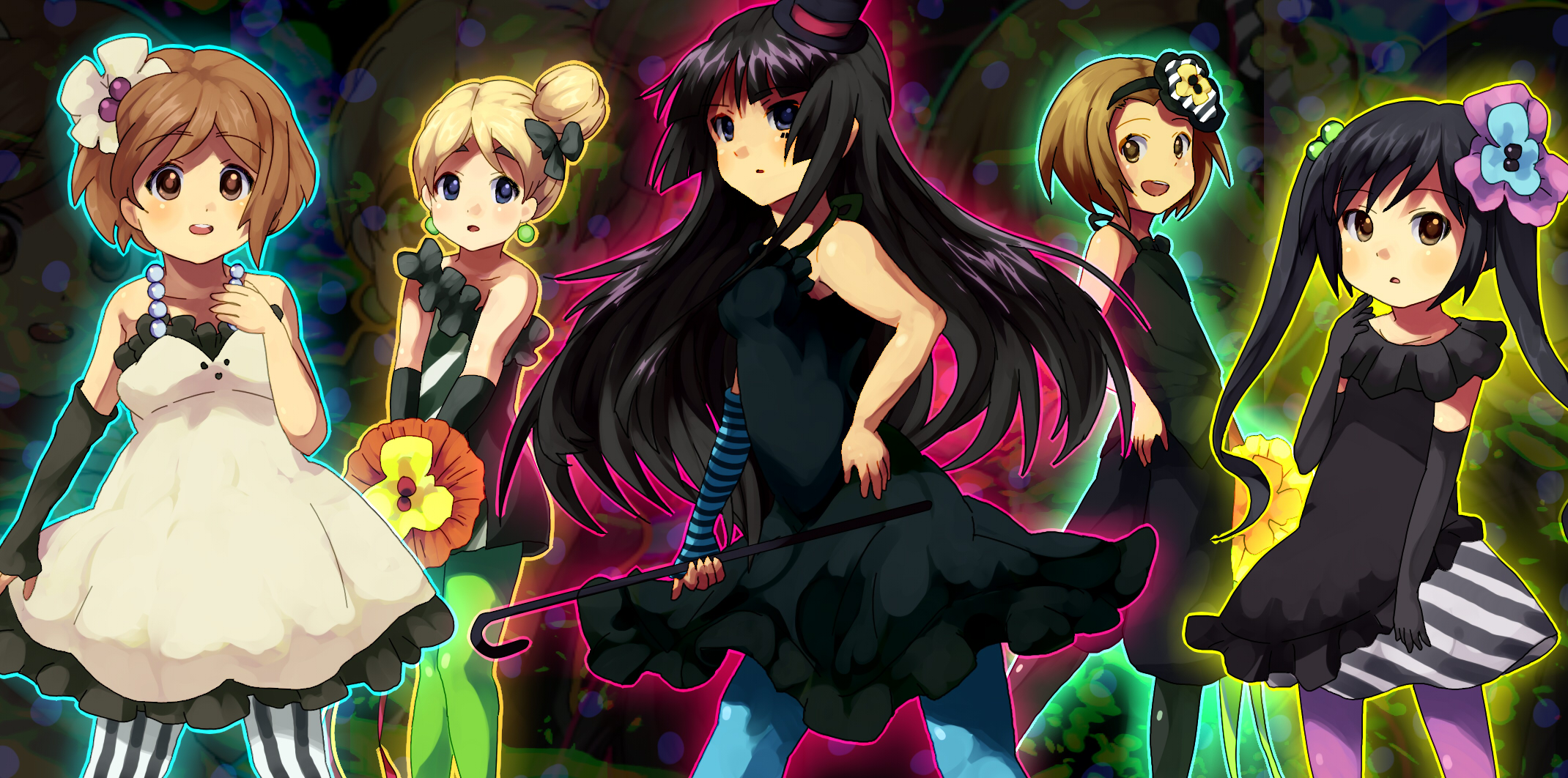 gum (vivid garden), akiyama mio, hirasawa yui, kotobuki tsumugi, nakano azusa, tainaka ritsu, don't say "lazy", k-on!, black legwear, blue legwear, pink legwear, purple legwear, striped legwear, vertical-striped legwear, bad id, bad pixiv id, highres, 00s, 5girls, aqua pantyhose, cane, elbow gloves, facepaint, fingerless gloves, gloves, green pantyhose, hair bobbles, hair bun, hair ornament, hat, ho-kago tea time, long hair, mini hat, mini top hat, multiple girls, pantyhose, short hair, single hair bun, striped clothes, striped gloves, striped pantyhose, top hat, twintails, vertical-striped clothes, vertical-striped pantyhose