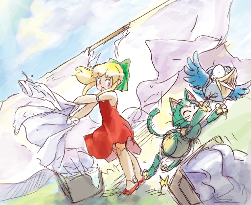 ckotnha, beat (mega man), roll (mega man), tango (mega man), capcom, mega man (classic), mega man (series), 1girl, blonde hair, cat, dress, green eyes, joints, laundry, long hair, ponytail, red dress, ribbon, robot joints