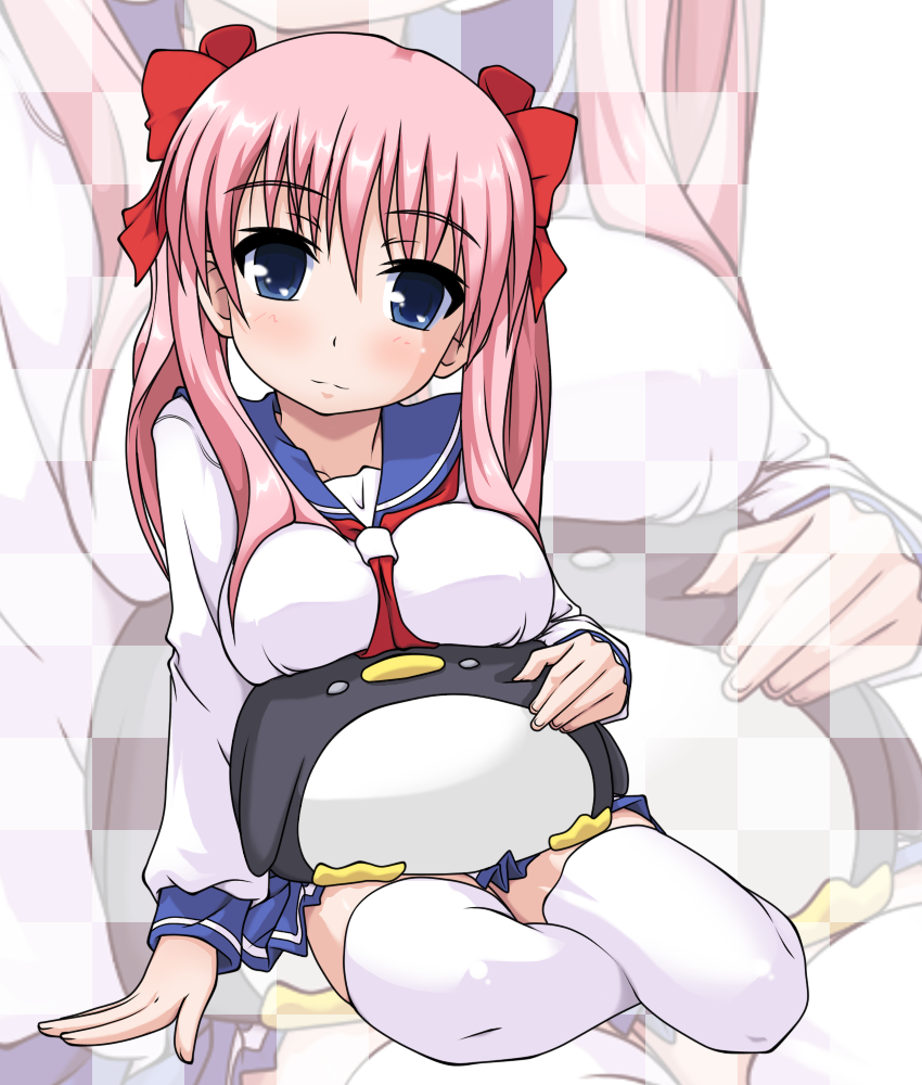 k10k, etopen, haramura nodoka, saki (manga), 00s, 1girl, blue eyes, blush, bow, breast rest, breasts, female focus, hair bow, large breasts, pink hair, school uniform, serafuku, skirt, solo, stuffed animal, stuffed penguin, stuffed toy, thighhighs, twintails, zettai ryouiki, zoom layer