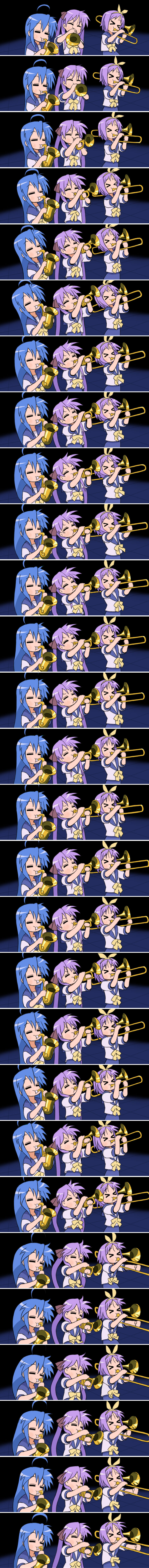 nagian, hiiragi kagami, hiiragi tsukasa, izumi konata, lucky star, absurdres, bad id, bad pixiv id, highres, long image, tall image, 00s, 3girls, = =, blue hair, closed eyes, hairband, instrument, mole, mole under eye, multiple girls, purple hair, saxophone, school uniform, siblings, sisters, trombone, trumpet, twins