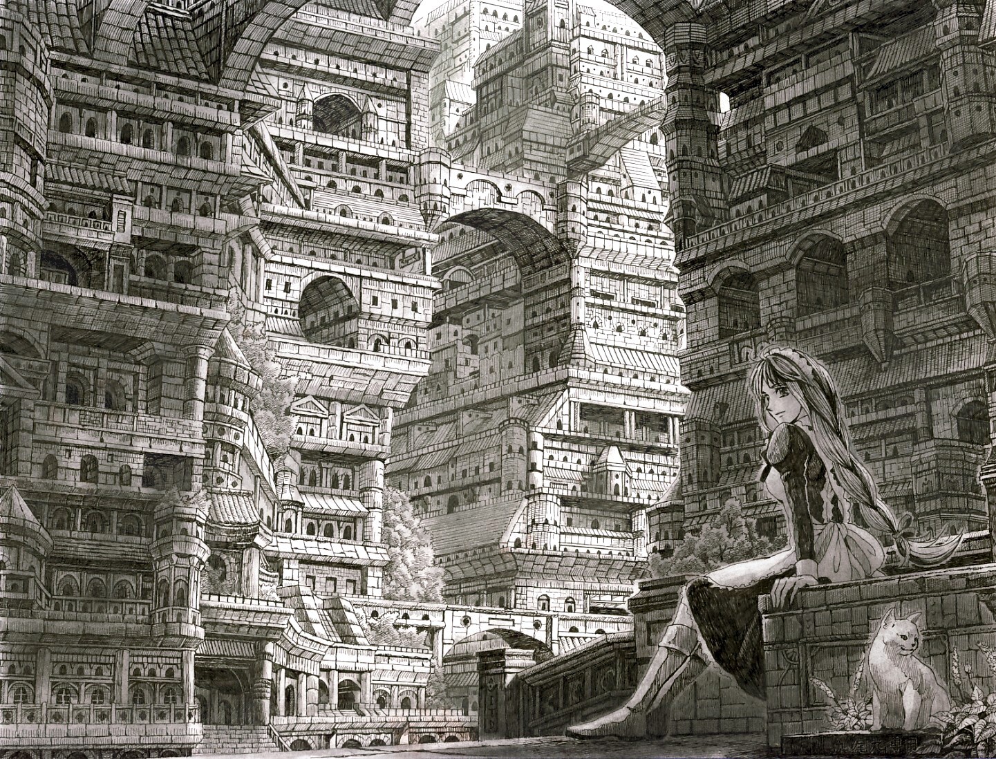 mita mitauzo, kwork, leri, in those days, bad id, bad pixiv id, boots, braid, building, cat, hair ribbon, maid, monochrome, plant, ribbon