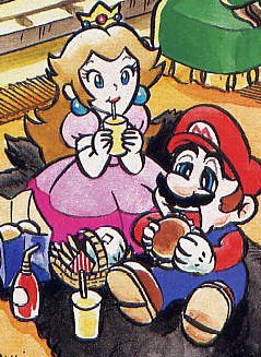 mario, princess peach, mario (series), nintendo, super mario bros. 1, lowres, 1boy, 1girl, burger, comic, drink, eating, food, french fries, picnic