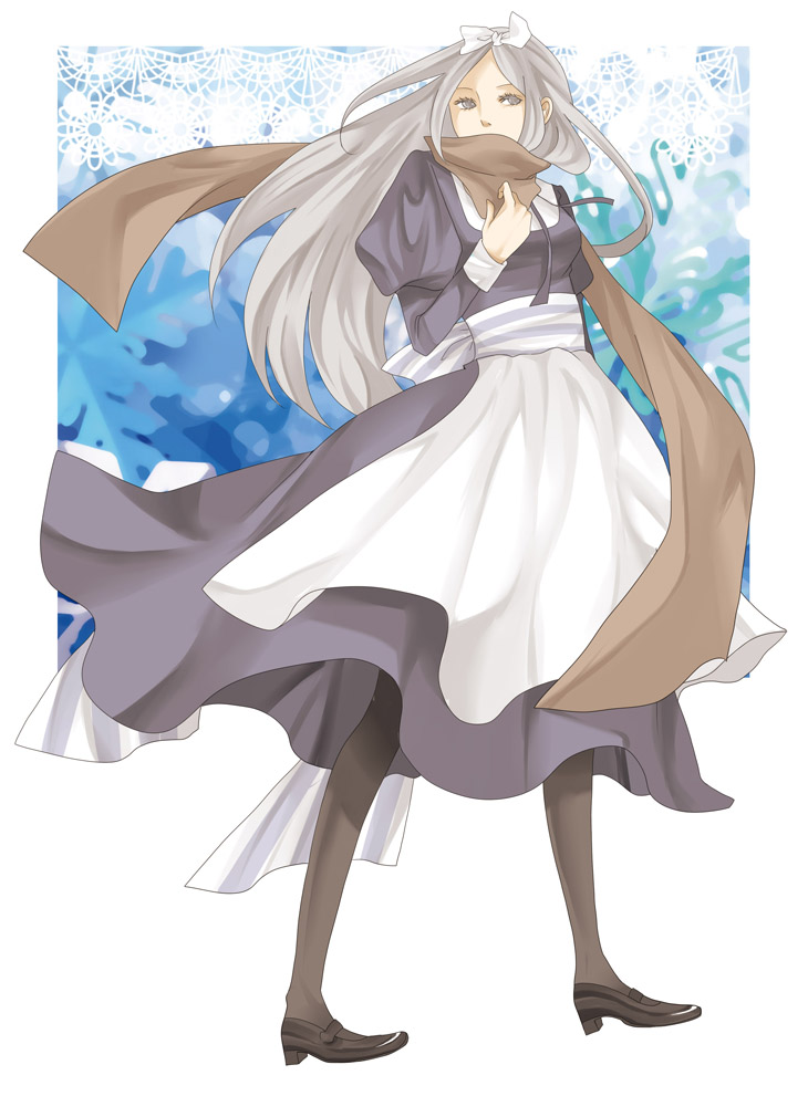 baachan, belarus (hetalia), axis powers hetalia, silver hair, striped, bad id, bad pixiv id, 00s, 1girl, apron, dress, female focus, full body, hair ribbon, long hair, mary janes, pantyhose, ribbon, scarf, shoes, solo, standing, winter clothes