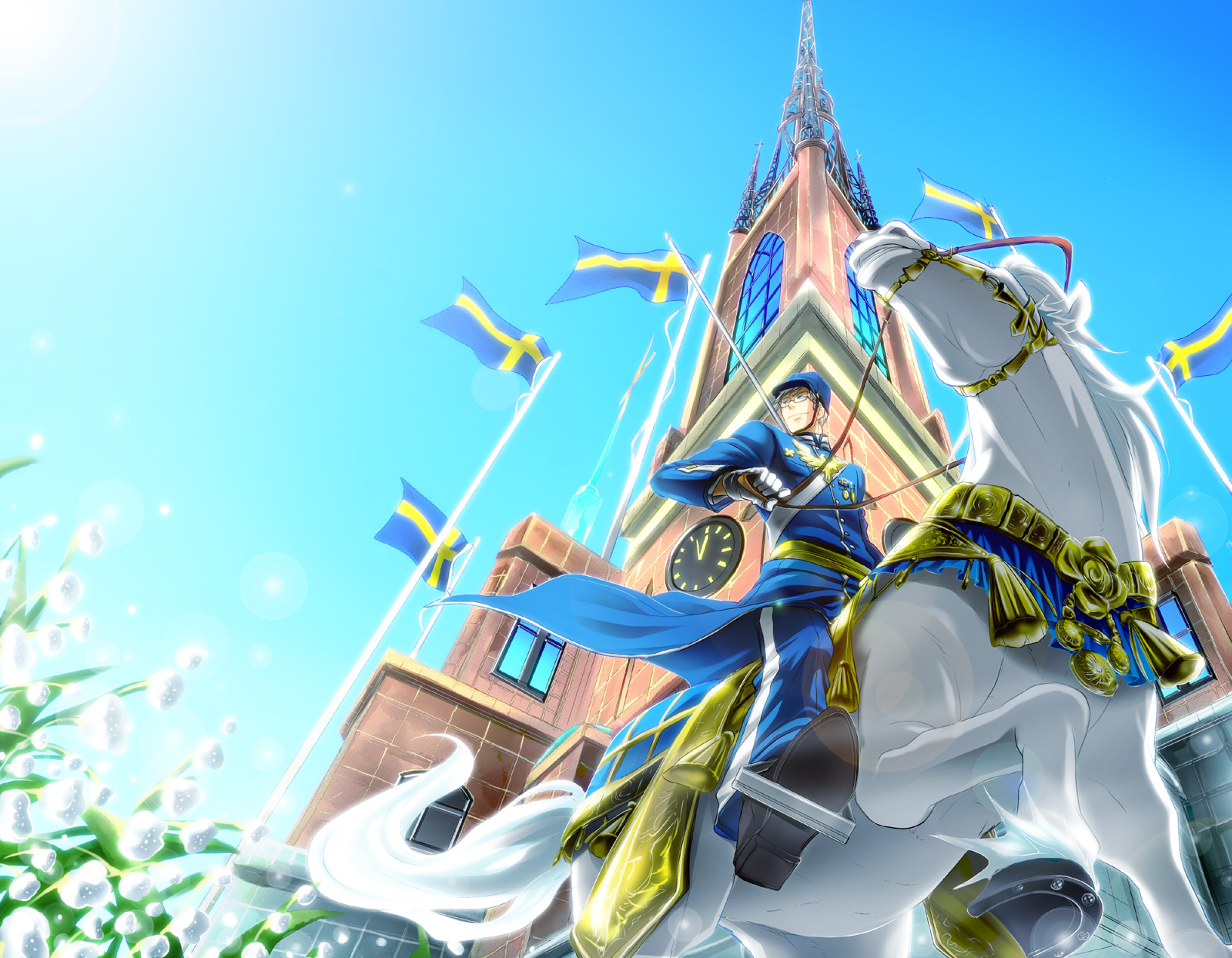 asato (anjam), sweden (hetalia), axis powers hetalia, bad id, bad pixiv id, highres, 00s, 1boy, badge, boots, building, castle, clock, day, flag, flower, from below, glasses, gloves, gold, hat, horse, horseback riding, lens flare, male focus, military, military uniform, outdoors, riding, shako cap, sky, solo, sunlight, sweden