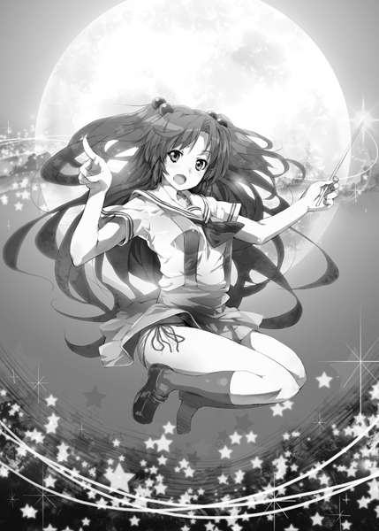 yuugen, ichinose kotomi, clannad, bad id, bad pixiv id, 00s, 1girl, female focus, greyscale, hair bobbles, hair ornament, jumping, legs, long hair, monochrome, moon, panties, school uniform, solo, striped clothes, striped panties, twintails, two side up, underwear, wand