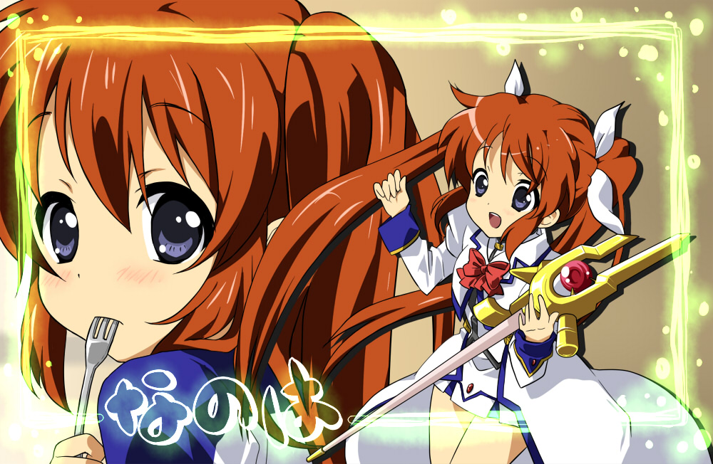 467 (artist), raising heart, raising heart (buster mode), takamachi nanoha, takamachi nanoha (aggressor mode), k-on!, lyrical nanoha, mahou shoujo lyrical nanoha, mahou shoujo lyrical nanoha strikers, bad id, bad pixiv id, 1girl, blue eyes, cosplay, magical girl, parody, purple eyes, red hair, takamachi nanoha (cosplay), twintails