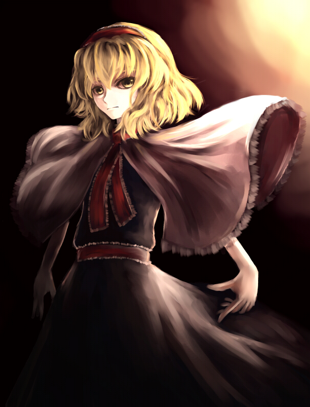 parsley-f, alice margatroid, touhou, bad id, bad pixiv id, 1girl, black background, blonde hair, female focus, short hair, solo, standing, yellow eyes