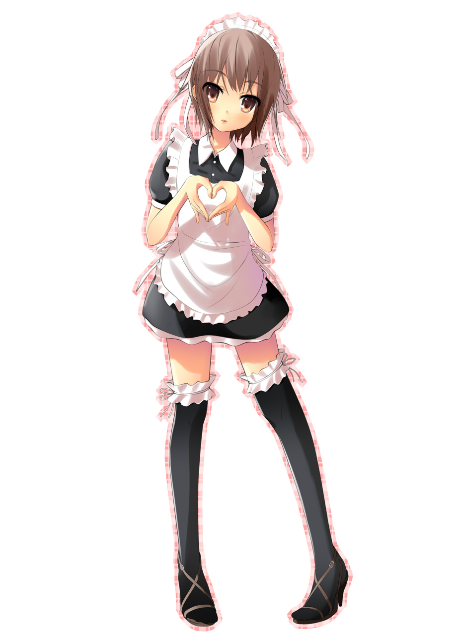 sarekoube, nagato yuki, suzumiya haruhi no yuuutsu, silver hair, bad id, bad pixiv id, highres, apron, black thighhighs, brown eyes, frilled thighhighs, frills, heart, heart hands, high heels, legs, maid, maid apron, maid headdress, moe moe kyun!, parody, shoes, short hair, solo, thighhighs
