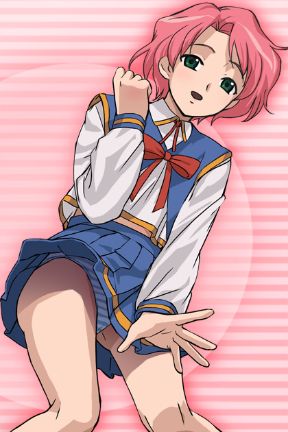 haruyama kazunori, fujita mitsuki, mamoru-kun ni megami no shukufuku wo!, from below, green eyes, panties, pink hair, school uniform, solo, striped clothes, striped panties, underwear, upskirt