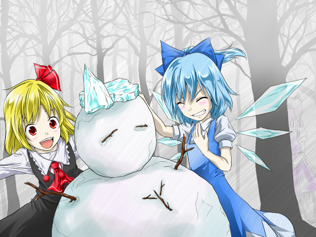 hadi, cirno, letty whiterock, rumia, embodiment of scarlet devil, touhou, bad id, bad pixiv id, 2girls, ^ ^, ascot, blonde hair, closed eyes, dress, female focus, forest, hair between eyes, multiple girls, nature, outdoors, plant, red ascot, red eyes, snow, snowman, winter