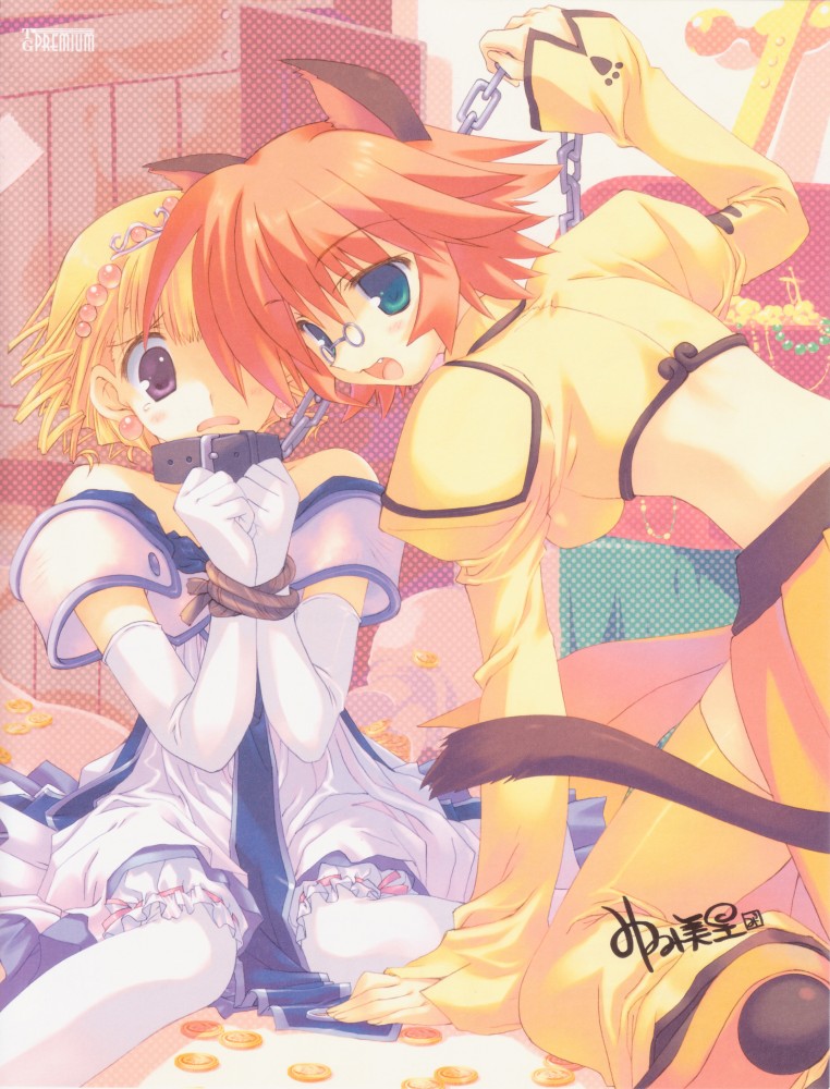 mitsumi misato, coco nekoko colone, corne coco necoco, princess (fullani), fullani, official art, scan, 2girls, :d, animal ears, aqua eyes, back, bare shoulders, bdsm, bent over, blonde hair, bloomers, blush, bondage, bound, bound wrists, buttons, cat ears, cat tail, chain, collar, crop top, dress, earrings, elbow gloves, fang, glasses, gloves, hair ornament, jewelry, kneeling, leash, looking back, multiple girls, open mouth, orange hair, pantyhose, pince-nez, princess, purple eyes, rope, short dress, short hair, sitting, slave, smile, tail, tears, thighhighs, underwear, white pantyhose, yellow thighhighs, zettai ryouiki