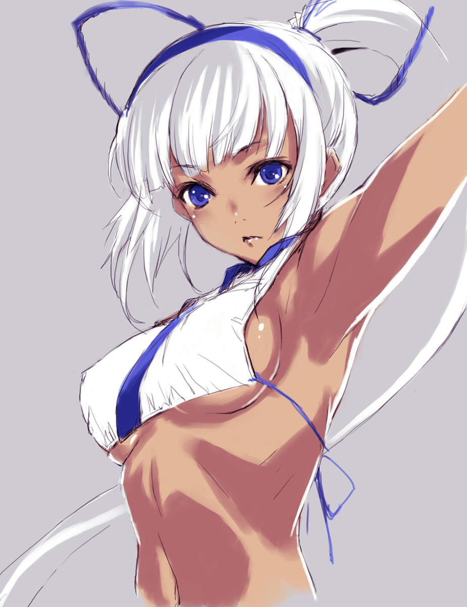 kawata hisashi, majikina mina, samurai spirits, snk, highres, 1girl, arm up, armpits, blue eyes, breasts, dark-skinned female, dark skin, female focus, hair ribbon, hairband, halterneck, large breasts, long hair, looking at viewer, midriff, navel, ponytail, ribbon, sideboob, solo, underboob, very long hair, white hair
