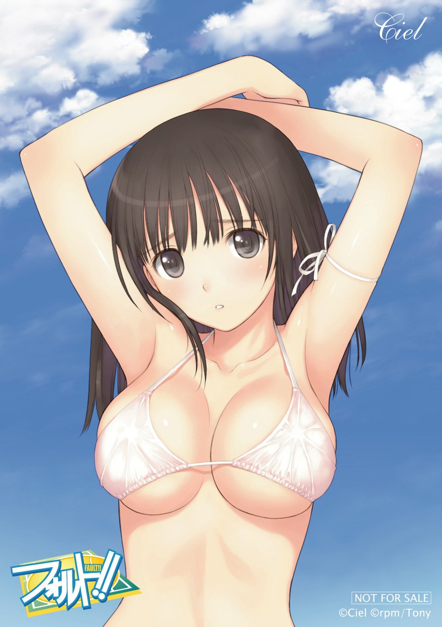 tony taka, saeki ai, fault!!, highres, 00s, 1girl, armpits, arms up, bikini, black hair, breasts, brown eyes, cloud, day, female focus, grey eyes, large breasts, long hair, micro bikini, ribbon, sky, solo, string bikini, swimsuit, underboob, white bikini
