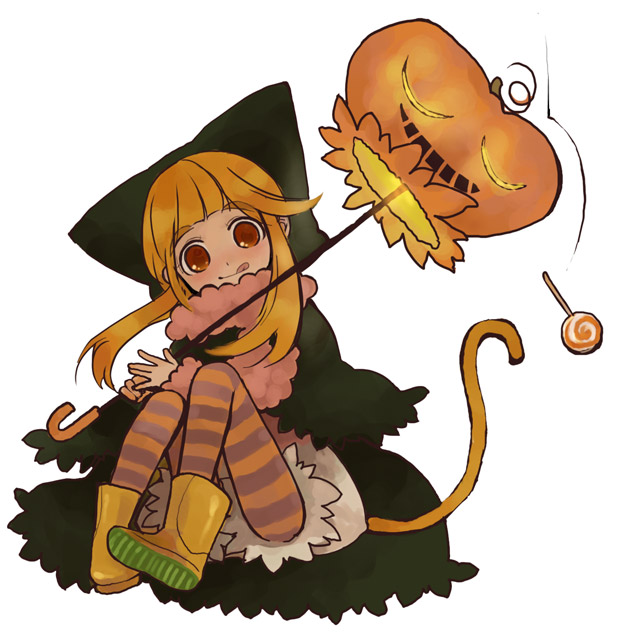 1girl, :q, bloomers, boots, brown eyes, candy, cat tail, female focus, food, halloween, jack-o'-lantern, lollipop, orange hair, orange pantyhose, pantyhose, pumpkin, scarf, sitting, solo, striped clothes, striped pantyhose, swirl lollipop, tail, tongue, tongue out, underwear