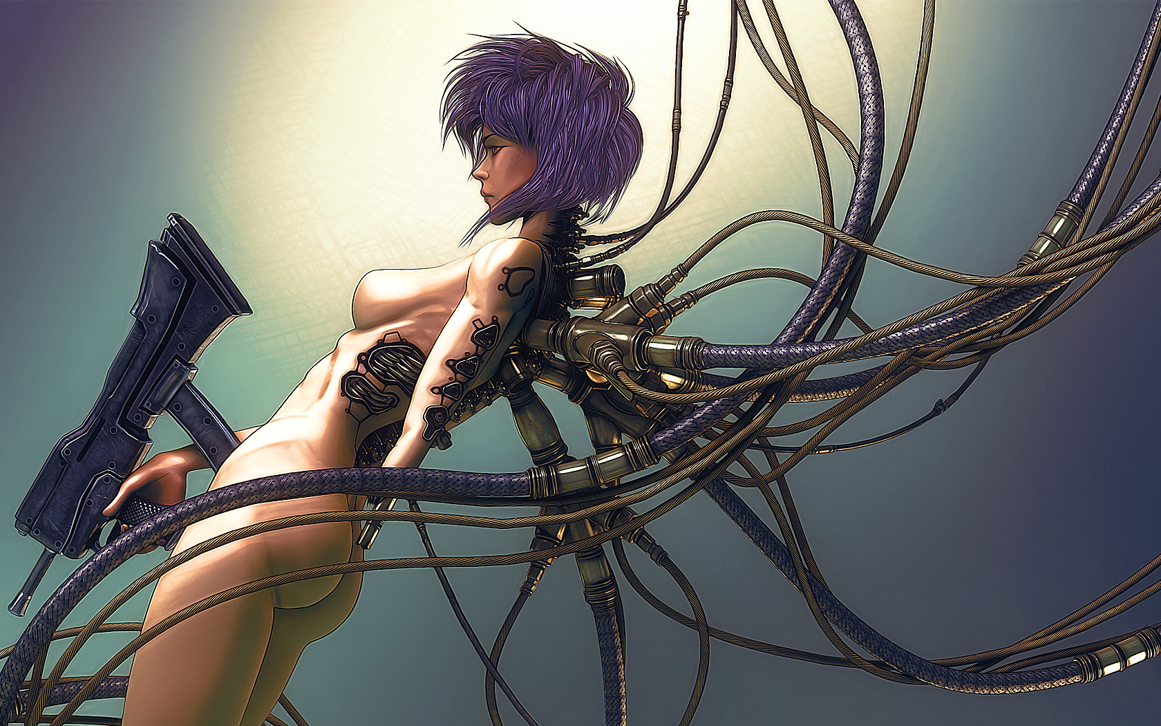 wen jr, kusanagi motoko, ghost in the shell, commentary, highres, 1girl, ass, breasts, cable, cyberpunk, cyborg, female focus, gun, plugged into flesh, profile, purple hair, realistic, red eyes, sideboob, solo, weapon