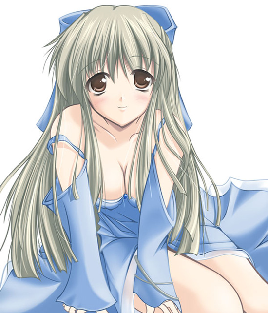 kurata sayuri, kanon, 1girl, bare shoulders, blonde hair, breasts, brown eyes, cleavage, detached sleeves, dress, female focus, hair ribbon, large breasts, long hair, ribbon, solo