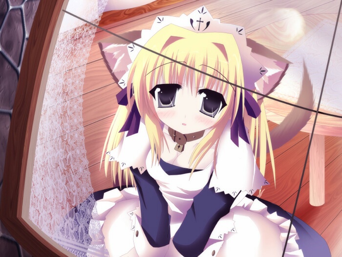 shirokoma (wagahai hakushaku), original, 1girl, animal ears, blonde hair, brown eyes, female focus, maid, ribbon, solo, tail