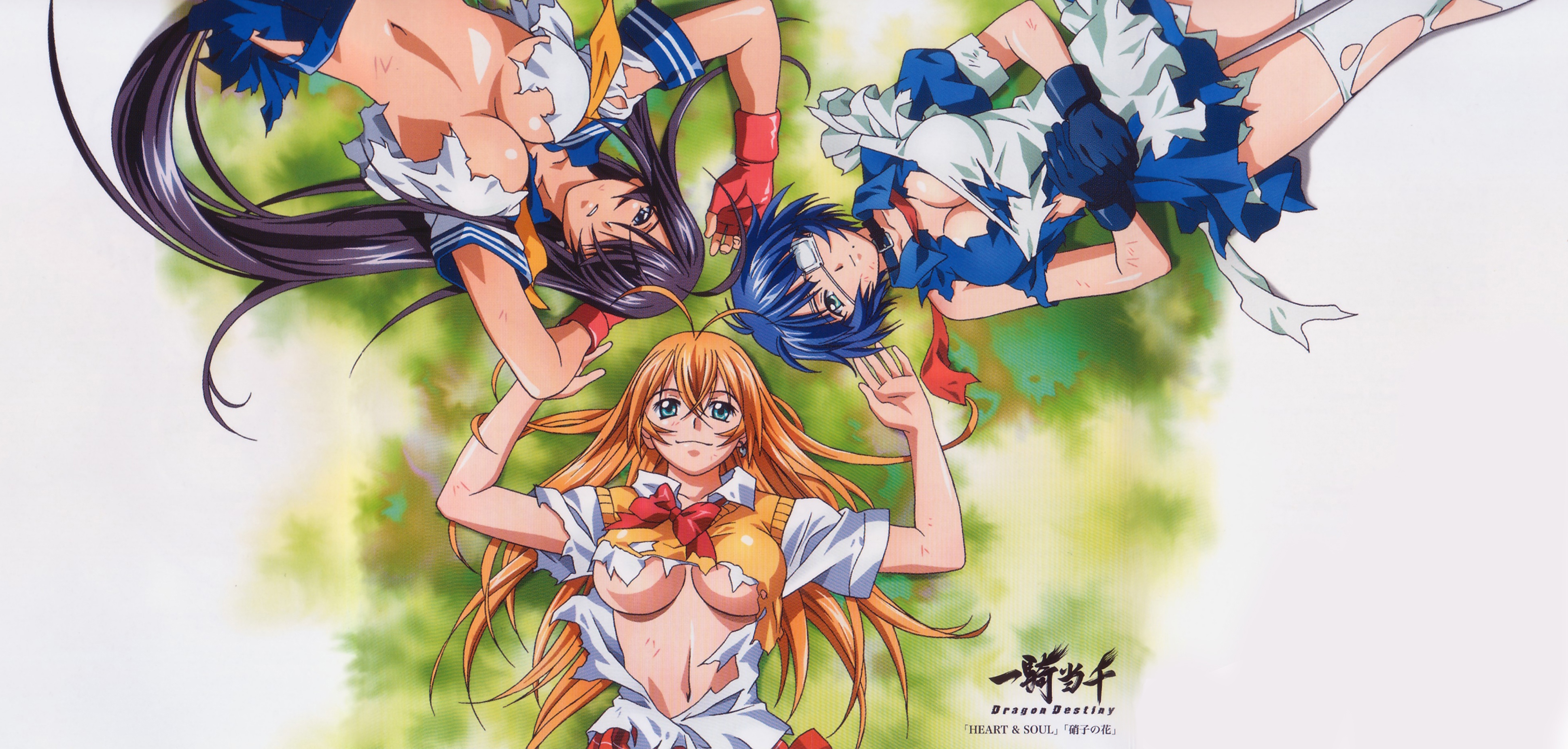 rin-sin, kan'u unchou, ryomou shimei, sonsaku hakufu, ikkitousen, ikkitousen dragon destiny, torn legwear, absurdres, highres, 00s, 3girls, antenna hair, black hair, blue eyes, blue hair, breasts, eyepatch, fingerless gloves, gloves, green eyes, large breasts, long hair, lying, maid, multiple girls, orange hair, school uniform, short hair, sweater vest, thighhighs, torn clothes, underboob