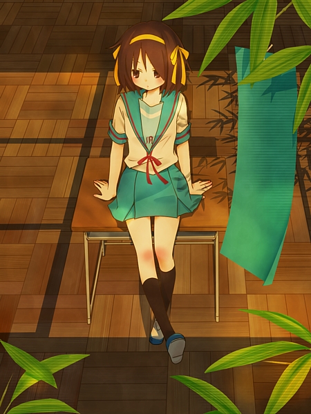 moffunnyo, suzumiya haruhi, suzumiya haruhi no yuuutsu, bad id, bad pixiv id, 00s, 1girl, bamboo, blush, desk, from above, ribbon, school uniform, serafuku, sitting, sitting on table, socks, tanabata, tanzaku