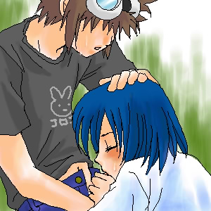ichijouji ken, motomiya daisuke, digimon, digimon adventure 02, hand on head, lowres, 00s, 2boys, blue hair, blush, brown hair, fellatio, goggles, kodomo doushi, male focus, multiple boys, nature, oral, outdoors, penis, shota, yaoi