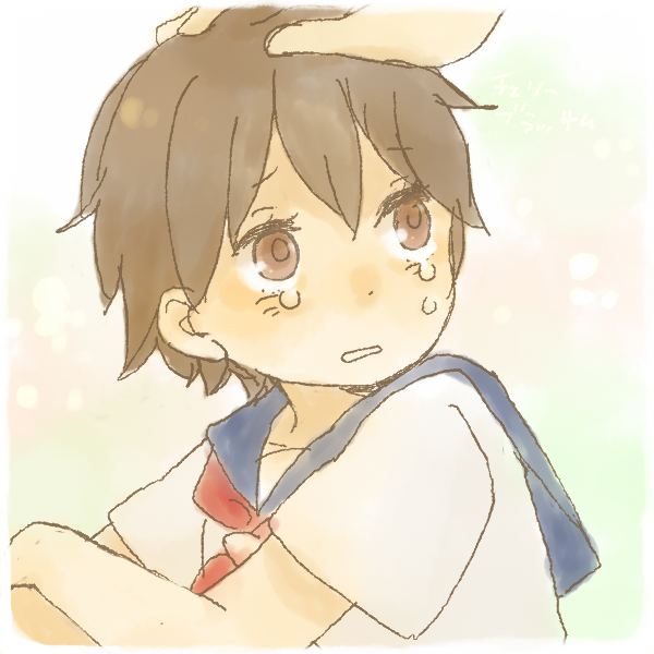 yukke, cherry blossom (light novel), bad id, bad pixiv id, 1girl, brown eyes, brown hair, looking back, school uniform, solo focus, tears