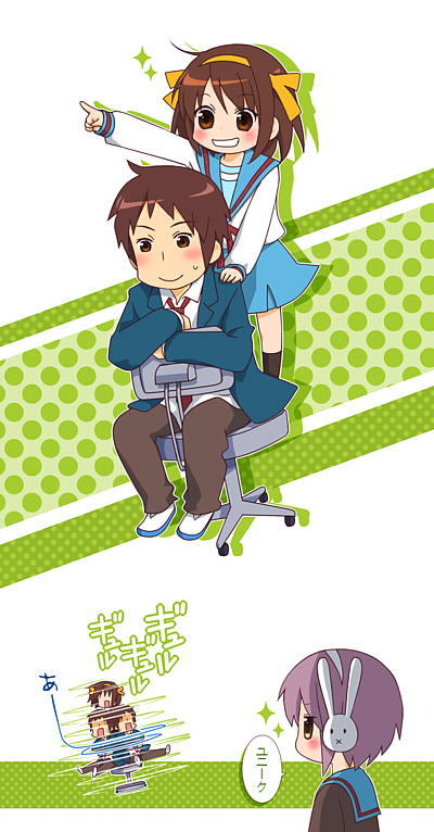 moffunnyo, kyon, nagato yuki, suzumiya haruhi, suzumiya haruhi-chan no yuuutsu, suzumiya haruhi no yuuutsu, bad id, bad pixiv id, 00s, 1boy, 2girls, bunny headphones, chair, earphones, headphones, multiple girls, spinning, swivel chair
