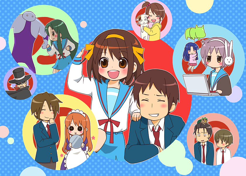 moffunnyo, achakura, arakawa (suzumiya haruhi), asahina mikuru, asakura ryoko, celestial (haruhi), celestial (suzumiya haruhi), churuya, kimidori-san, koizumi itsuki, kunikida (suzumiya haruhi), kyon, kyon no imouto, nagato yuki, shamisen (suzumiya haruhi), suzumiya haruhi, taniguchi (suzumiya haruhi), tsuruya, suzumiya haruhi-chan no yuuutsu, suzumiya haruhi no yuuutsu, bad id, bad pixiv id, 00s, 5boys, 6+girls, :3, animal ears, balloon, balloon animal, blue hair, brown hair, calico (pattern), calico cat, cat, computer, green hair, hat, headphones, kappa, laptop, long hair, multiple boys, multiple girls, purple hair, rabbit ears, school uniform, serafuku, top hat, very long hair